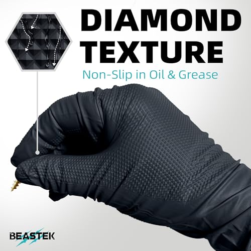 BEASTEK Nitrile Disposable Gloves, 8Mil Latex & Powder Free Chemical Resistant Heavy Duty Food Safe Diamond Glove Black 50Pcs - color: Medium (Black)