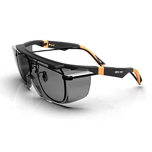 DEX FIT Safety Sunglasses Over Eyeglasses SG210 - Anti-Fog & UV 400 Protection, Z87.1 Certified, Adjustable Temples, Side Shields, Smoke Tinted Lens for Men & Women; Black & Orange, 1 PC - color: Black/Orange - Smoke Tinted, size: 1 PC