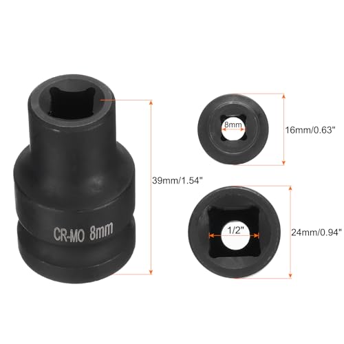 HARFINGTON 2pcs 4 Point Square Socket 1/2" Drive 8mm Metric Square Impact Socket CR-MO Blackening Standard Wheel Sockets Pneumatic Socket Tool for Auto Repair Mechanical Maintenance Home Use - size: 8mm