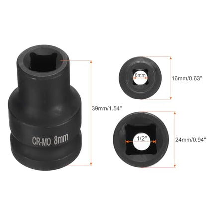 HARFINGTON 4 Point Square Socket 1/2" Drive 8mm Metric Square Impact Socket CR-MO Blackening Standard Wheel Sockets Pneumatic Socket Tool for Auto Repair Mechanical Maintenance Home Use - size: 8mm