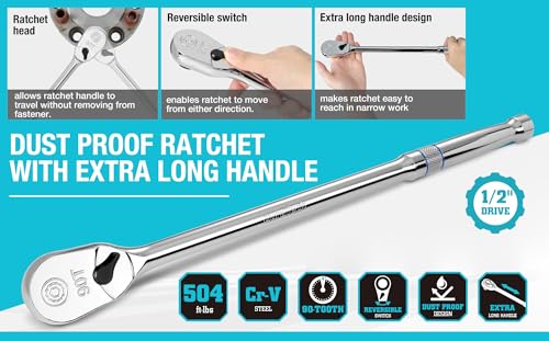 DURATECH Extra Long Handle 1/2-Inch Drive Ratchet, 90-Tooth Ratchet Wrench with 15" Handle and Dust Proof Teardrop Enclosed Head, Reversible, CR-V Steel Made, CR-MO Head, Full Polished, Gifts for Men - size: 1/2" with 15" handle
