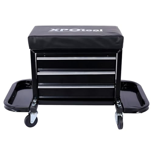 Mechanic Roller Seat with Tool Box, 3-Drawer Rolling Tool Chest Stool Mechanic Stool with Side Tool Trays
