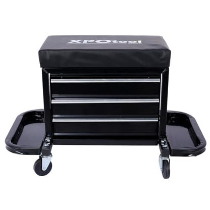 Mechanic Roller Seat with Tool Box, 3-Drawer Rolling Tool Chest Stool Mechanic Stool with Side Tool Trays