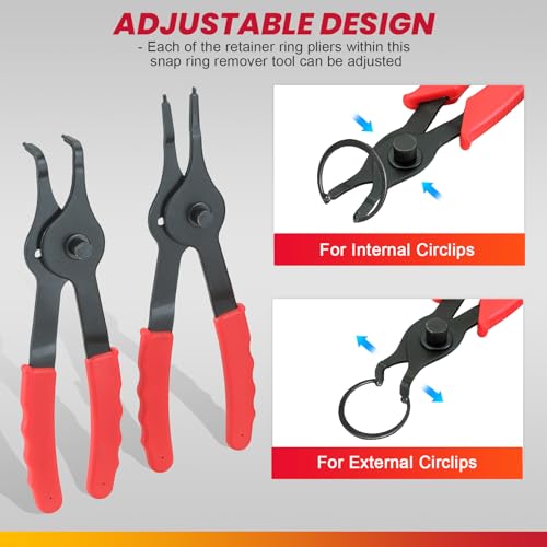 DASBET Snap Ring Plier Set 11PCS Straight & Bent Retaining Ring Pliers | w/Hook & Pick Heavy Duty Internal External Pliers .038in-.09in Circlip Combination Retaining Clip for Car Trunk Motorcycle - color: Red