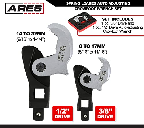 ARES 33008 – 2-Piece Spring Loaded Auto Adjusting Crowfoot Wrench Set – Adjustable Wrench Set with 8 to 32mm (5/16-Inch to 1 1/4-Inch) Coverage – Male & Female Square Drives for Increased Versatility - size: 2-Piece Auto Adjusting Crowfoot Wrench Set