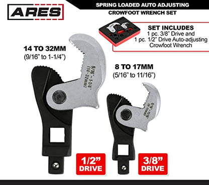ARES 33008 – 2-Piece Spring Loaded Auto Adjusting Crowfoot Wrench Set – Adjustable Wrench Set with 8 to 32mm (5/16-Inch to 1 1/4-Inch) Coverage – Male & Female Square Drives for Increased Versatility - size: 2-Piece Auto Adjusting Crowfoot Wrench Set