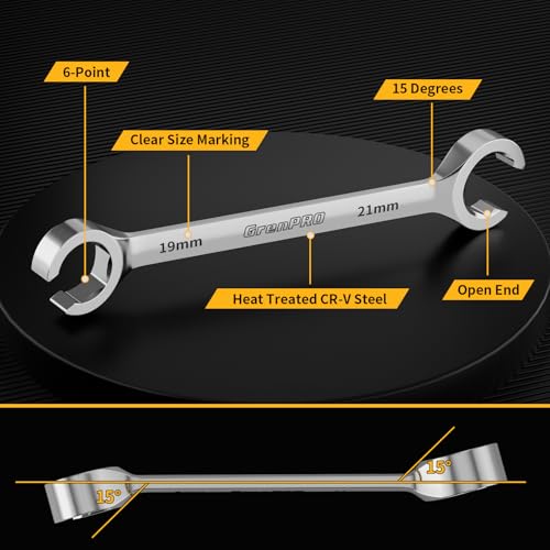 GRENPRO 6-Point Flare Nut Wrench Set – 10Pcs CR-V Steel Brake Line Wrench Kit for Cars & Trucks,Complete Standard (1/4"-7/8") and Metric (9-21mm) Sizes, Includes Storage Pouch & Identification Gauge - size: 10PCS Metric & SAE