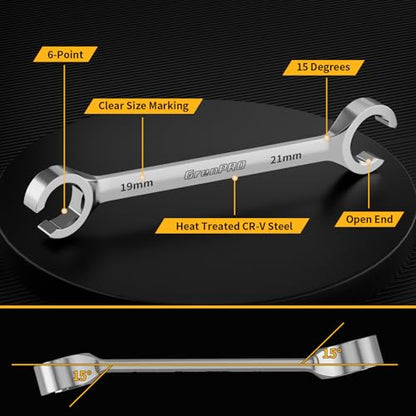 GRENPRO 6-Point Flare Nut Wrench Set – 10Pcs CR-V Steel Brake Line Wrench Kit for Cars & Trucks,Complete Standard (1/4"-7/8") and Metric (9-21mm) Sizes, Includes Storage Pouch & Identification Gauge - size: 10PCS Metric & SAE
