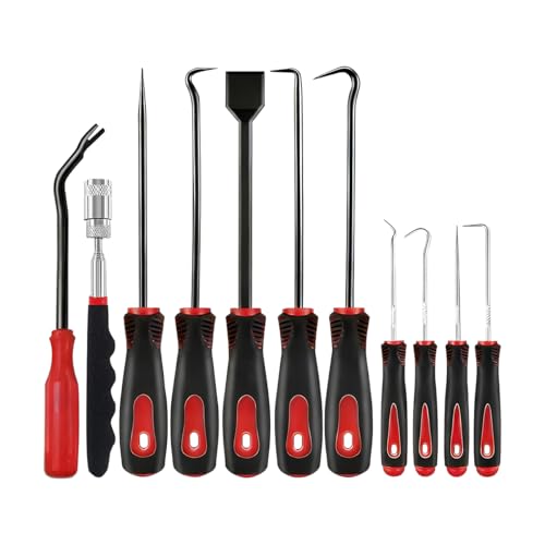 11PCS Car Carbon Steel Precision Hook and Pick Set, Gasket Scraper Hoses Puller Remover Hand Pickup Tool, Magnetic Telescoping Tool Kit for Automotive Electronic Maintenance (Red) - color: Red