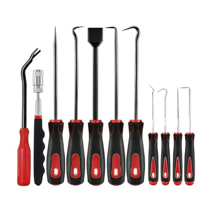 11PCS Car Carbon Steel Precision Hook and Pick Set, Gasket Scraper Hoses Puller Remover Hand Pickup Tool, Magnetic Telescoping Tool Kit for Automotive Electronic Maintenance (Red) - color: Red
