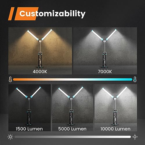 10000 Lumen Work Light with Stand, GoGonova 87'' Rechargeable Dual Power Source Led Work Light with Stand, Dual-Head Led Tripod Work Light with 1500/5000/10000 Lumen, 4000/7000K Dimmable - color: Black