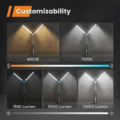 10000 Lumen Work Light with Stand, GoGonova 87'' Rechargeable Dual Power Source Led Work Light with Stand, Dual-Head Led Tripod Work Light with 1500/5000/10000 Lumen, 4000/7000K Dimmable - color: Black