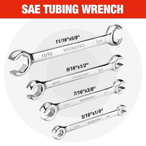 WORKPRO 4-Piece Flare Nut Wrench Set, SAE Brake Line Wrenches, 1/4", 5/16", 3/8", 7/16", 1/2", 9/16", 5/8", 11/16", Cr-V Steel, 15° Offset Head Tubing Wrench, Organizer Pouch Included - size: SAE