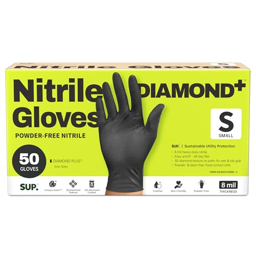 SUPER+ HEAVY DUTY Nitrile Gloves 8 Mil Diamond Texture Disposable Chemical Resistant Powder &Latex Free Food Safe Black 50 Ct - color: Smal (Iron-grey)