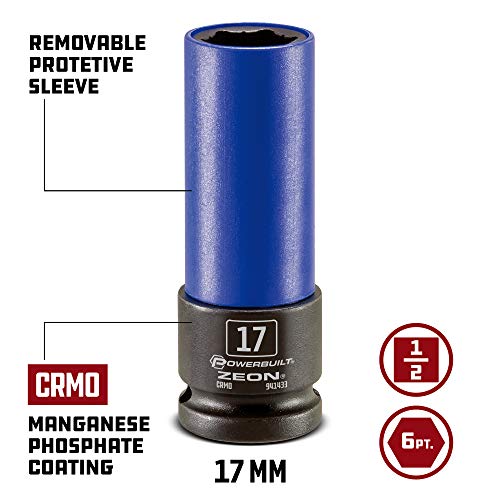 Powerbuilt 17mm Zeon Lug Nut Socket, 1/2" Drive – Impact Rated Chromoly Steel for Damaged & Rounded Lug Nuts, Patented Design Grips up to 85% Rounded, Includes Protective Wheel Saver Sleeve - 941433M - size: 17 mm