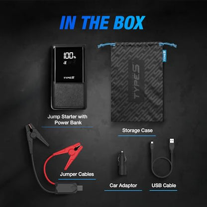 Type S Dynamic Classic DC10 Car Battery Jump Starter Portable Power Bank 500A Jump Starter Battery Pack for 6L Gas Engines / 4L Diesel with USB-C USB-A Outputs, incl Jumper Cable