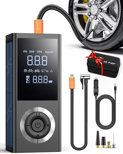 Tire Inflator Portable Air Compressor, 150 PSI Smart Air Pump for Car Tires with Digital Pressure Gauge, LED Light, 12V Car Power Adapter, Storage Box