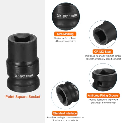 HARFINGTON 4 Point Square Socket 1/2" Drive 11mm Metric Square Impact Socket CR-MO Blackening Standard Wheel Sockets Pneumatic Socket Tool for Auto Repair Mechanical Maintenance Home Use - size: 11mm