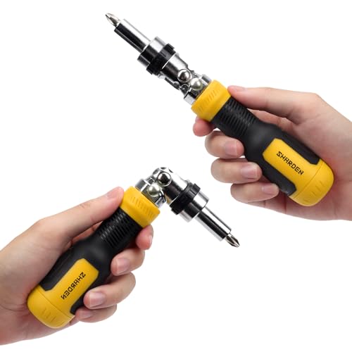 SHARDEN Ratcheting Multi Bit Screwdriver - 13-in-1 Tool Set, Flat Head/Square/Torx/Hex/Phillips, 180 Degree Pivoting Adjustable Angle Magnetic Screwdriver - color: Yellow