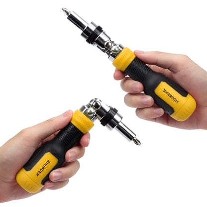 SHARDEN Ratcheting Multi Bit Screwdriver - 13-in-1 Tool Set, Flat Head/Square/Torx/Hex/Phillips, 180 Degree Pivoting Adjustable Angle Magnetic Screwdriver - color: Yellow