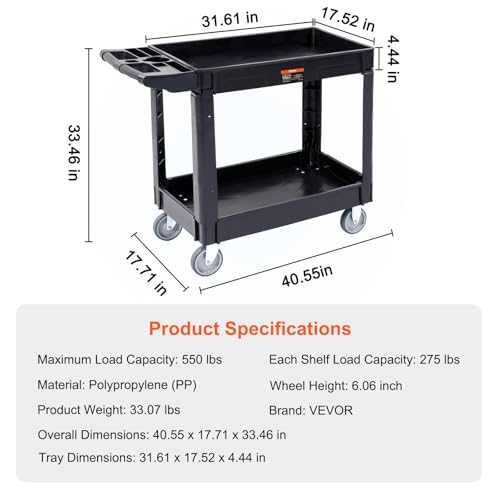 VEVOR Utility Service Cart, 2 Shelf 550LBS Heavy Duty Plastic Rolling Utility Cart, Medium Lipped Shelf, 360° Swivel Wheels, Ergonomic Storage Handle for Warehouse Garage, Black | Heavy Duty Rolling Cart with 360° Swivel Wheels, Medium Lipped Shelf, Ergon