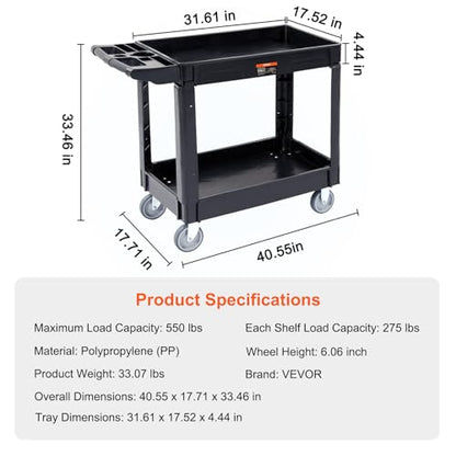 VEVOR Utility Service Cart, 2 Shelf 550LBS Heavy Duty Plastic Rolling Utility Cart, Medium Lipped Shelf, 360° Swivel Wheels, Ergonomic Storage Handle for Warehouse Garage, Black | Heavy Duty Rolling Cart with 360° Swivel Wheels, Medium Lipped Shelf, Ergon