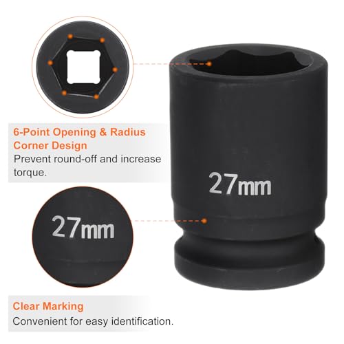 HARFINGTON 6-Point Impact Socket 3/4" Drive 27mm Metric 40Cr Alloy Steel Spindle Axle Nut Impact Socket - size: 27mm