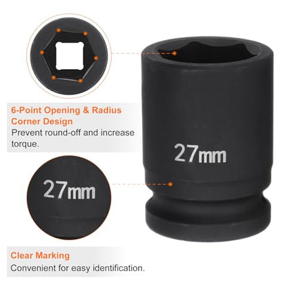 HARFINGTON 6-Point Impact Socket 3/4" Drive 27mm Metric 40Cr Alloy Steel Spindle Axle Nut Impact Socket - size: 27mm