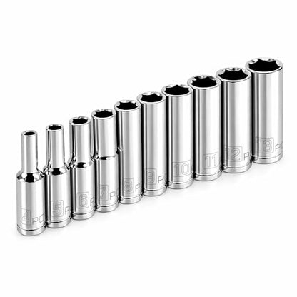 Powerbuilt 10 Piece 1/4 Inch Drive Metric 6 Point Deep Socket Set, Z-Drive Grips, Chrome-Vanadium Steel made, Meets ANSI Standards - 640538 - size: Metric (Pack of 1), style: 1/4" Drive