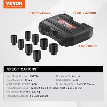 VEVOR Axle Nut Impact Socket Set - 3/4" Drive Deep 6-Point 8-Piece SAE Spindle Nut Socket CR-MO Heat Treated Large Socket Set with Storage Case for Auto Repair, Removing or Installing Axle Nuts - style: 3/4" 8PCS SAE CR-MO