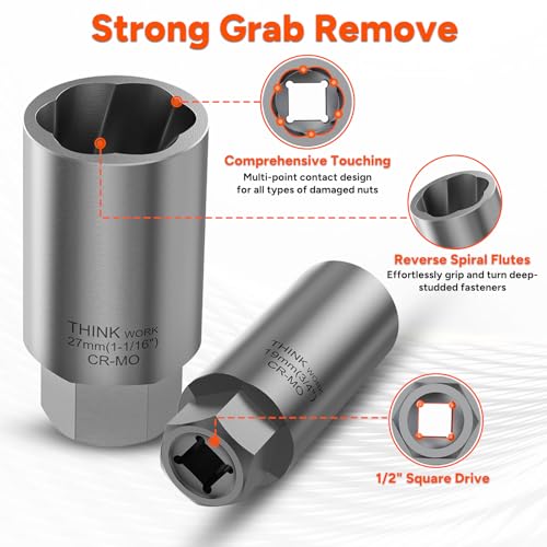 THINKWORK 1/2 Inch Drive Lug Nut Extractor Set, Large Sizes, 10pcs Wheel Lock Removal Kit, Deep Lug Nut Removal Tool for Damaged, Stripped, Rusted, Broken, Rounded Bolts, Nuts - size: W6159-10-PCS