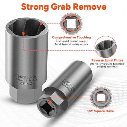 THINKWORK 1/2 Inch Drive Lug Nut Extractor Set, Large Sizes, 10pcs Wheel Lock Removal Kit, Deep Lug Nut Removal Tool for Damaged, Stripped, Rusted, Broken, Rounded Bolts, Nuts - size: W6159-10-PCS