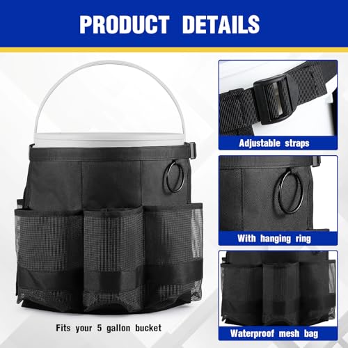 2 Pcs Bucket Organizer for 5 Gallon Car Wash Caddy Bucket Tool Bag with 6 Mesh Pockets for Cleaning Garden Fishing Tools, Bag Only