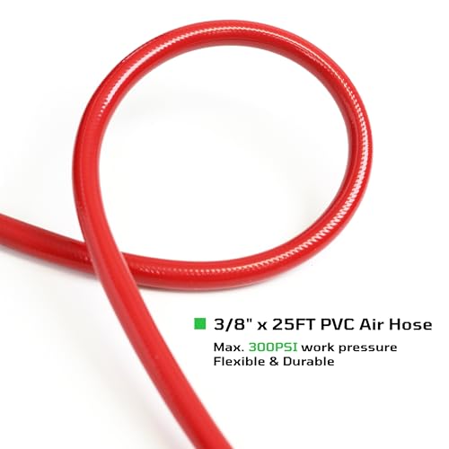 20-Pc 3/8" x 25ft PVC Air Hose Kit, Air Compressor Accessories with 300 PSI Work Pressure, Air Blow Gun, Tire Chucks and 1/4" NPT Plugs