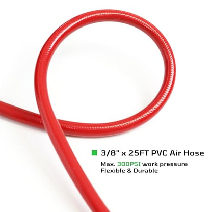20-Pc 3/8" x 25ft PVC Air Hose Kit, Air Compressor Accessories with 300 PSI Work Pressure, Air Blow Gun, Tire Chucks and 1/4" NPT Plugs