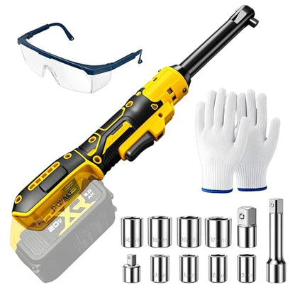 3/8"Cordless Ratchet Wrench Set Compatible with DEWALT 20V MAX Battery | 60Ft-Lbs Brushless Motor Power Electric Ratchet Tool Kit, 1/4" Adapters, 3" Extension Bar & 7 Sockets