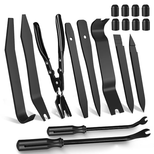 18 Pcs Auto Trim Removal Tool Kit with Non-Scratch Plastic Pry Tool Fastener Clip Pliers and Tire Caps Valve, Interior Door Panel Clip Removal Set for Vehicle Dash,Black - color: Black, size: 18 PCS