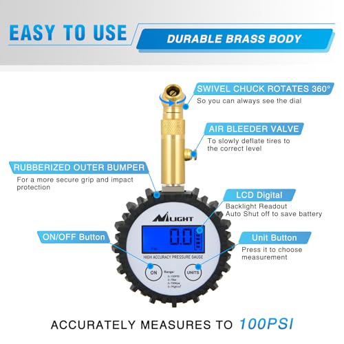 Nilight Digital Tire Pressure Gauge 100PSI Heavy Duty Stainless Steel Air Chucks ANSI 2A Certified Large Dial Wheel Service Checker for Truck Semi Truck ATV Motorhome Cars & RV Accessories - color: Digital Tire Gauge