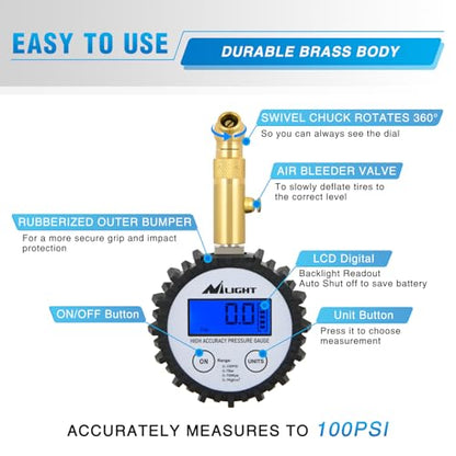 Nilight Digital Tire Pressure Gauge 100PSI Heavy Duty Stainless Steel Air Chucks ANSI 2A Certified Large Dial Wheel Service Checker for Truck Semi Truck ATV Motorhome Cars & RV Accessories - color: Digital Tire Gauge