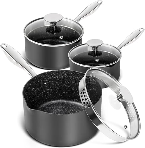 MICHELANGELO Hard Anodized Saucepan Set with Lids, Nonstick Saucepan with Pour Spouts & Strainer Lid for Easy Pour, Granite Derived Coating Sauce Pot Set - 1.5QT & 2QT &3QT Induction Sauce Pans - size: 1.5+2+3 Quarts