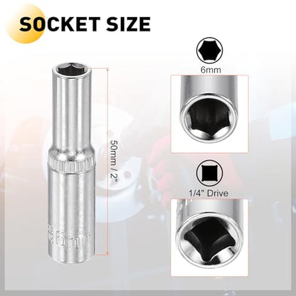 HARFINGTON Deep 6-Point Impact Socket 1/4" Drive 6mm Metric Socket 50mm (2") Long with 1/4" Hex Shank Adapter, CR-V Steel Socket Adapter Accessory Tool Set Kit for Hex Bolts Nuts - size: 6mm x 50mm
