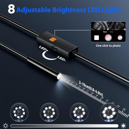 Endoscope Camera with Light, 1920P HD Borescope Tools with 8 Adjustable LED Lights, 32.8FT Semi-Rigid Snake Cord IP67 Waterproof Inspection Camera for iPhone, iPad, iOS and Android Phone - size: 32.8FT, style: Single Lens
