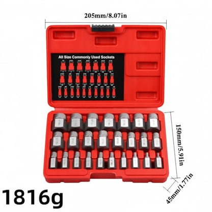 Bolt Extractor Socket Set Hex Head Easy Out Repair Tools | 25-Piece Stripped Lug Nut Remover for Damaged Stripped Broken Screws Studs Nut Machinery Furniture Motorcycle - color: Silver