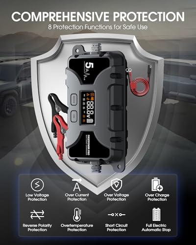 5A Car Battery Charger, 12V 6V Trickle Charger for Car Motorcycle Battery, Automobile Battery Maintainer with LCD Display, Pulse Repair Desulfator for Lead Acid, AGM, Lithium Batteries (Silver)