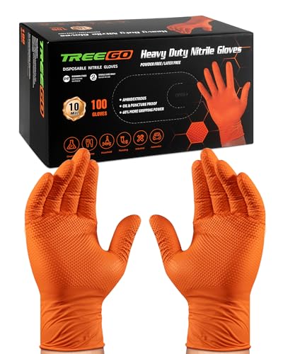 TREEGO 10 Mil Heavy Duty Orange Nitrile Mechanic Gloves, 100 Count XL | Diamond Grip Rubber Gloves, Latex & Powder Free for Heavy Equipment, Utility Repair, Chemical Handling & Job Sites - color: Orange 100, size: X-Large