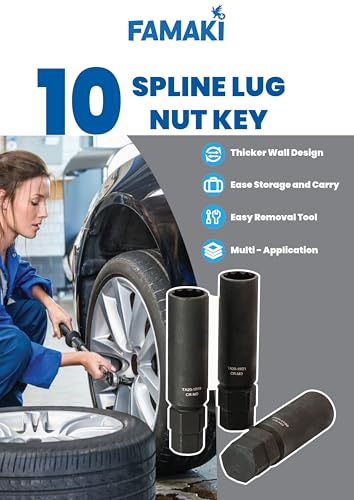 10 Spline Lug Nut Key Socket with Dual 17mm/19mm Hex Head, Thick-Wall Cr-Mo Steel,10 point socket Replaces Bimecc TA23-21/22 & TA20-17/19, 10 Point Spline Drive Tool for Aftermarket Wheels