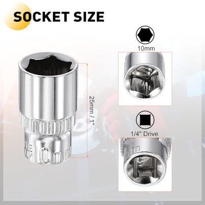 HARFINGTON Deep 6-Point Impact Socket 1/4" Drive 10mm Metric Socket 25mm (1") Long with 1/4" Hex Shank Adapter, CR-V Steel Socket Adapter Accessory Tool Set Kit for Hex Bolts Nuts - size: 10mm x 25mm