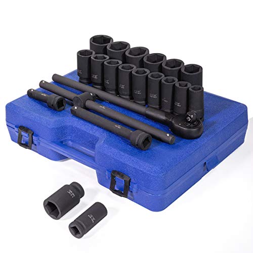 Stark USA 22-Pieces 3/4 Inch Drive Deep Impact Socket Set Cr-Mo Steel SAE Socket Extension Bar Sliding T-Bar (7/8" to 2" inch) with Carrying Case - style: 22 PCS SAE Deep Socket Set (7/8‘’ to 2‘’)