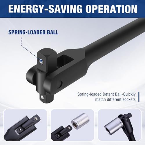 WORKPRO 24-inch Dual Drive Breaker Bar, 3/8" & 1/2" Drive, Heavy Duty Breaker Bars with 360° Flex Head, Spring-loaded Detent Ball, CR-MO Head, Premium Chrome Vanadium Steel with Black Phosphate Finish - color: Black, size: 24" × Dual Drive 3/8"+1/2"