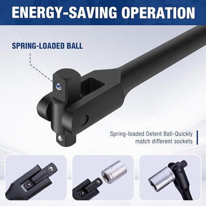WORKPRO 24-inch Dual Drive Breaker Bar, 3/8" & 1/2" Drive, Heavy Duty Breaker Bars with 360° Flex Head, Spring-loaded Detent Ball, CR-MO Head, Premium Chrome Vanadium Steel with Black Phosphate Finish - color: Black, size: 24" × Dual Drive 3/8"+1/2"